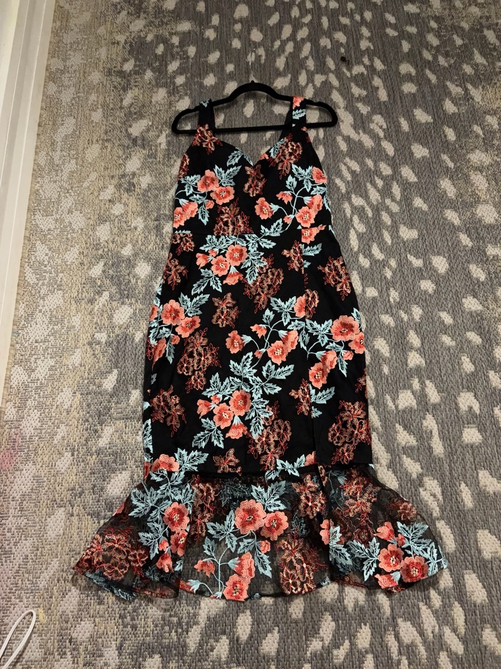 Guess Black Dress with Coral Floral & Aqua Leaf Embroidery